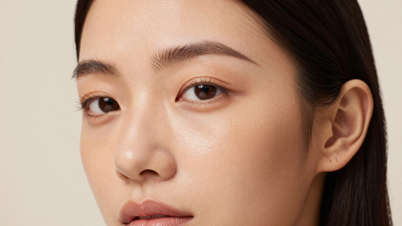 Лицо с лёгким слоем жидкой тональной основы и рассыпчатой пудрой, морщины визуально сглажены макияжем.