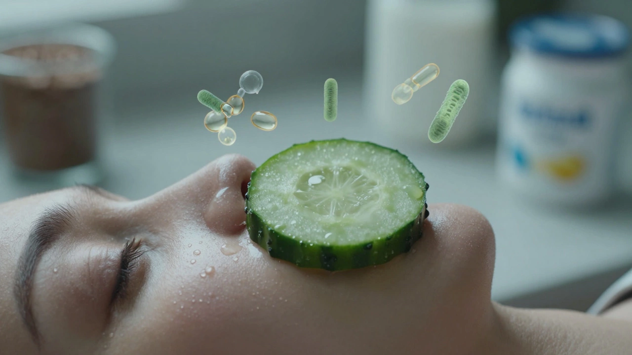 Ломтик огурца на щеке с каплями воды, символизирующий увлажнение кожи.