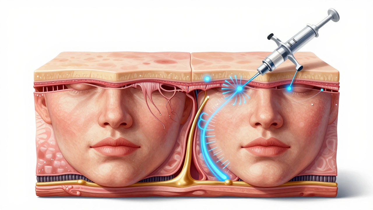Медицинская иллюстрация восстановления лицевых тканей с помощью инъекций и радиочастоты.