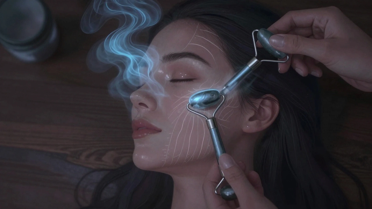 Охлаждённый металлический роллер проводят по щеке и виску, создаётся эффект подтянутости и уменьшения отёчности.