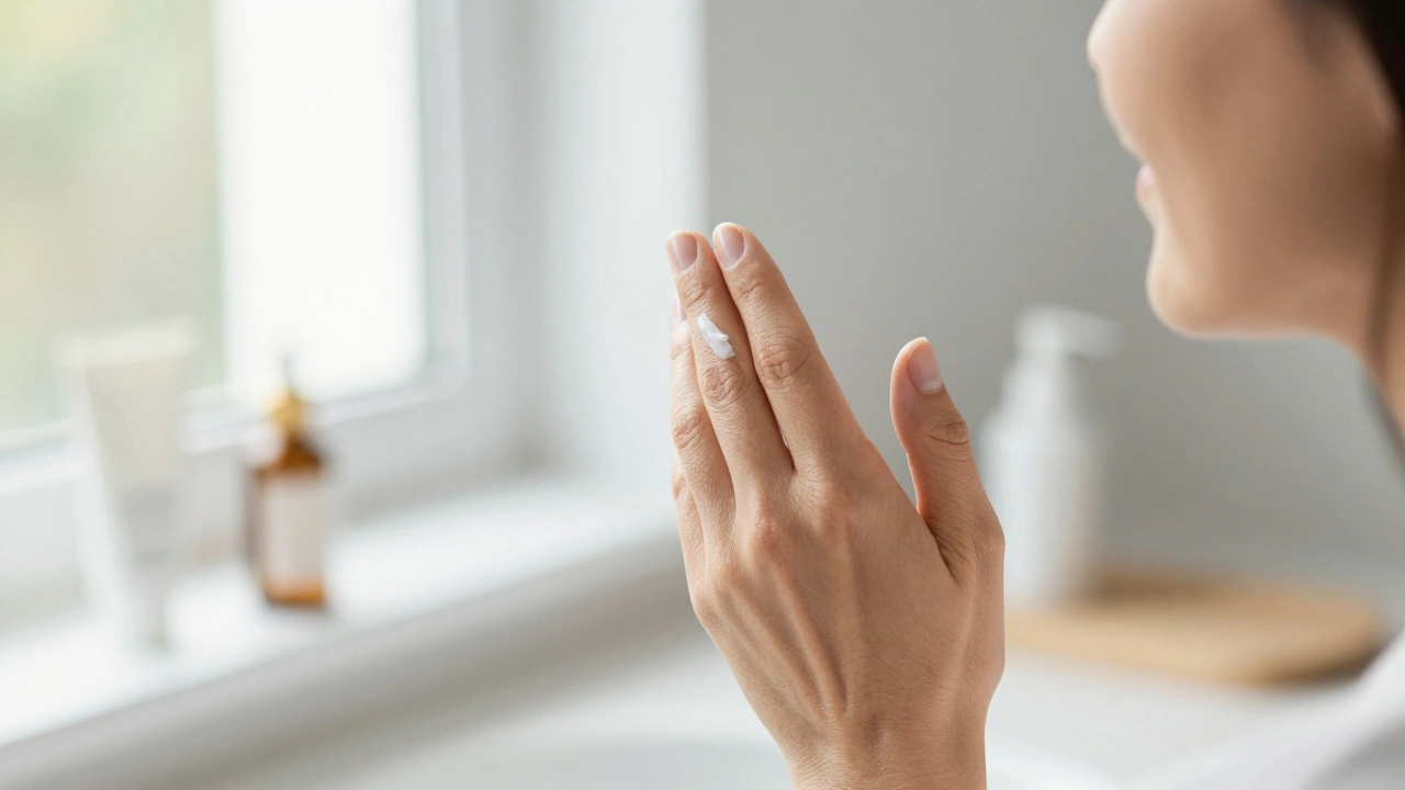 Рука наносит солнцезащитный крем SPF 50+ на лицо после процедуры