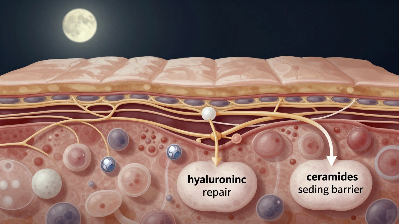 Схема восстановления кожи ночью: коллаген, гиалуроновая кислота и церамиды в действии.