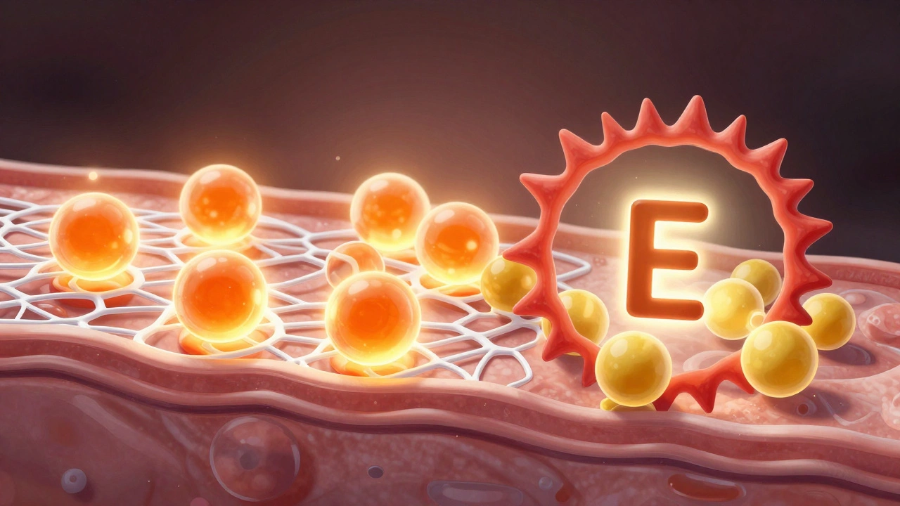 Схематичное изображение кожи: молекулы витамина С стимулируют коллаген, витамин Е защищает от свободных радикалов.