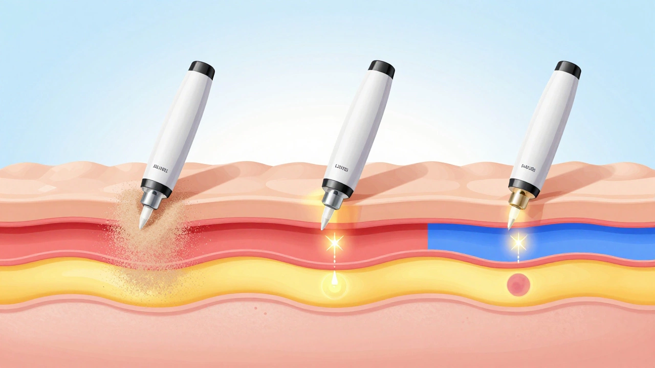 Схематичное изображение трех типов лазеров, воздействующих на разные слои кожи: аблятивный, неаблятивный и для пигментации.