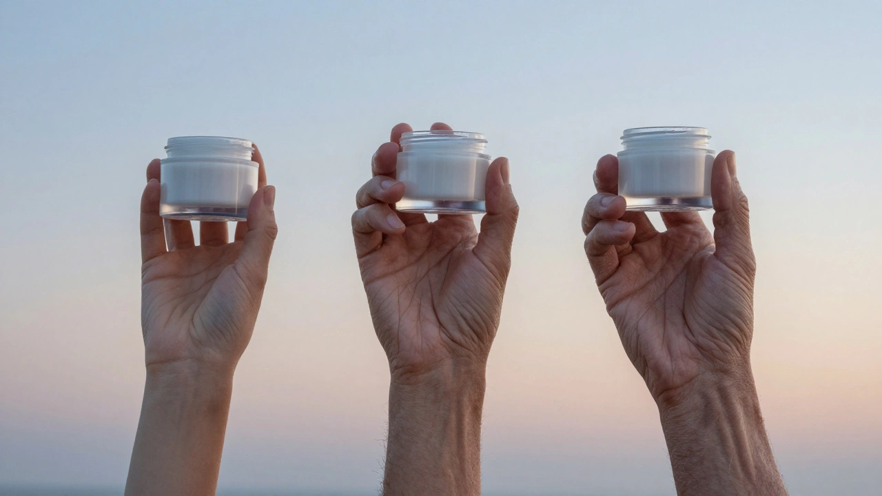 Три руки разного возраста с прозрачными слоями кожи, показывающими уменьшение коллагена.