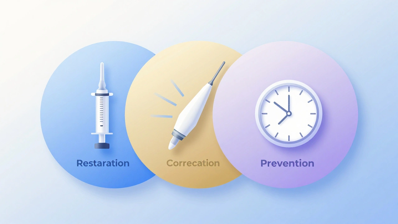 Три взаимосвязанных направления эстетической косметологии: восстановление, коррекция, профилактика.