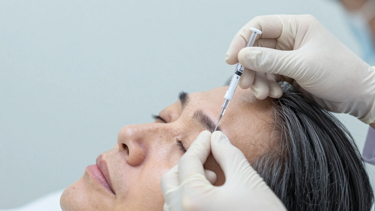 Врач вводит ботулотоксин в область между бровей с точной дозировкой