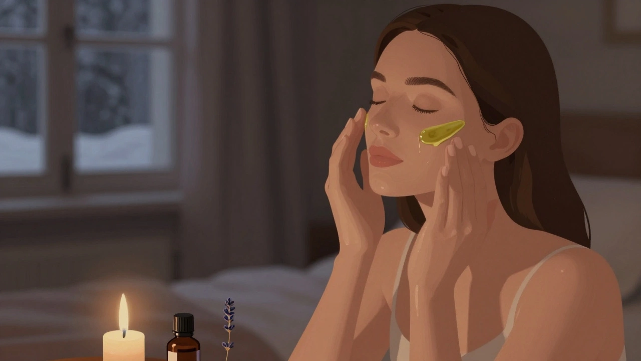 Женщина наносит оливковое масло на лицо в тихой обстановке перед сном.