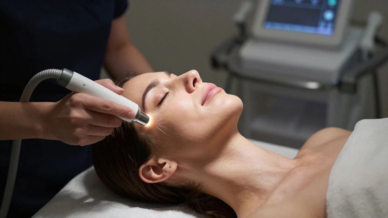 Женщина получает радиочастотный лифтинг шеи и подбородка в клинике эстетической косметологии.