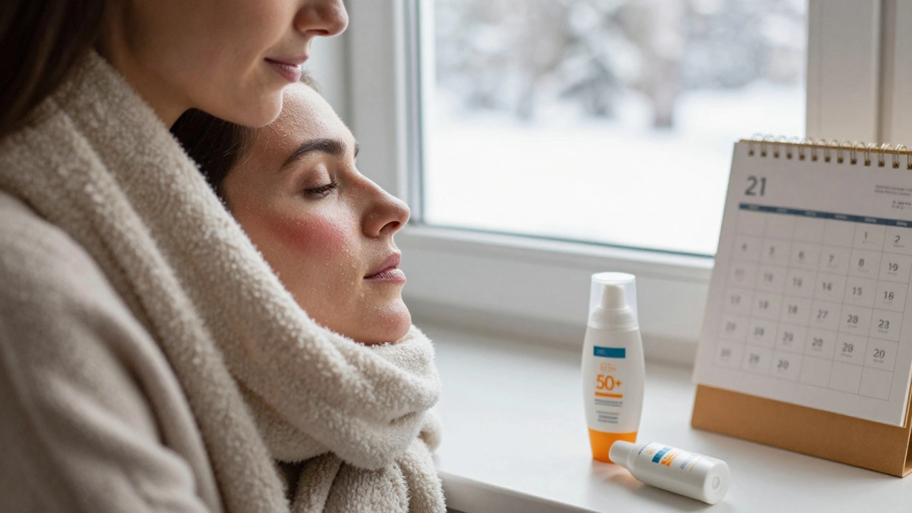 Женщина восстанавливается после лазерной процедуры зимой у окна с кремами и солнцезащитным средством на столе.