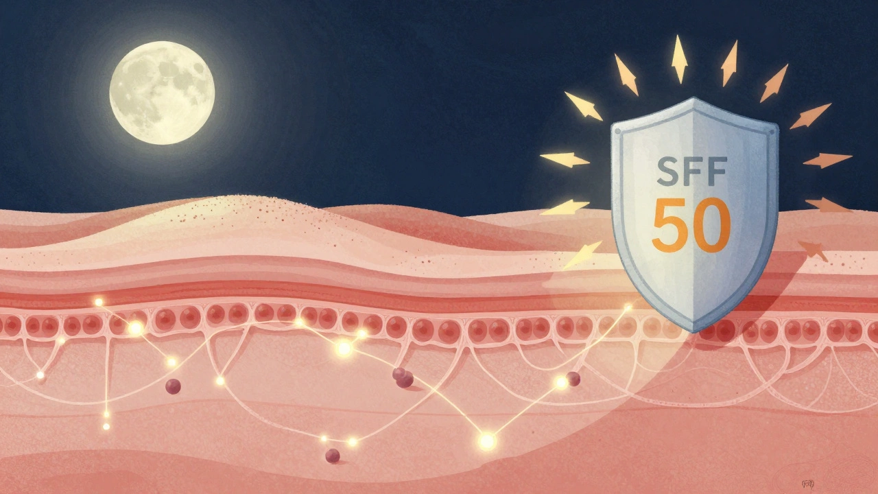 Абстрактное изображение слоев кожи, где пептиды восстанавливают коллаген, а SPF-фильтр защищает от УФ-лучей.