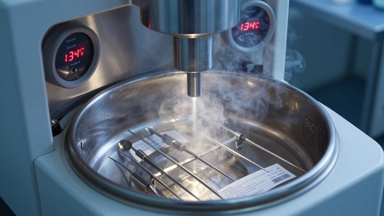 Автоклав в работе: инструменты стерилизуются под давлением и температурой 134°C в закрытой камере.