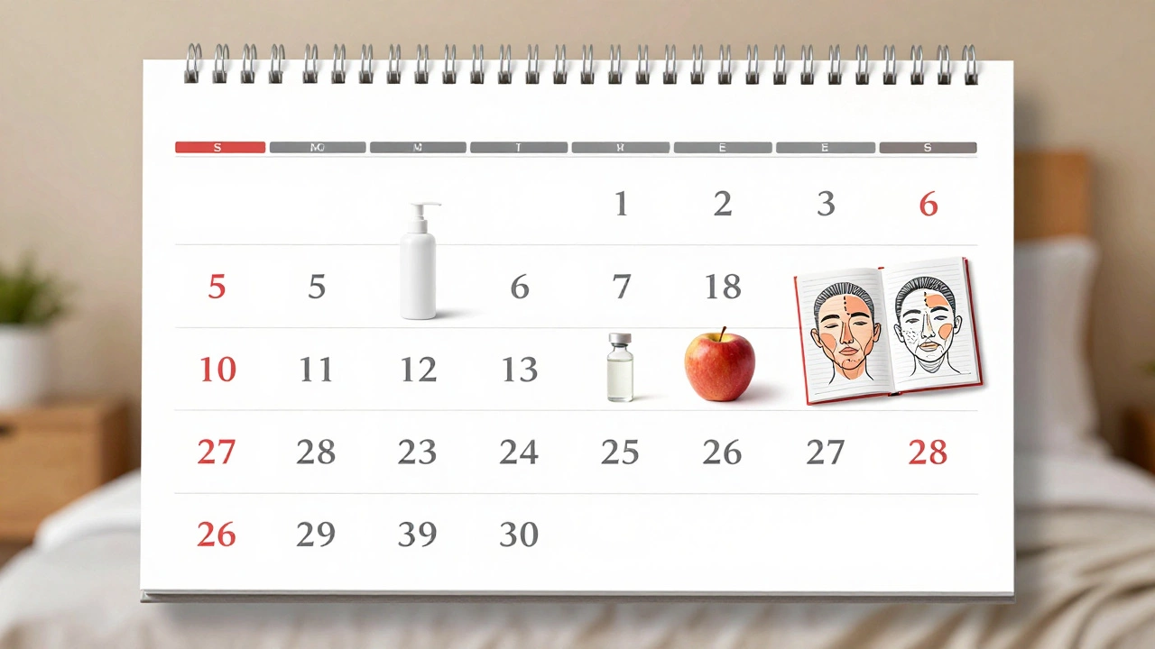 Календарь с визуальными подсказками на 30 дней домашнего ухода за кожей: очищение, крем, ретинол, еда и дневник.