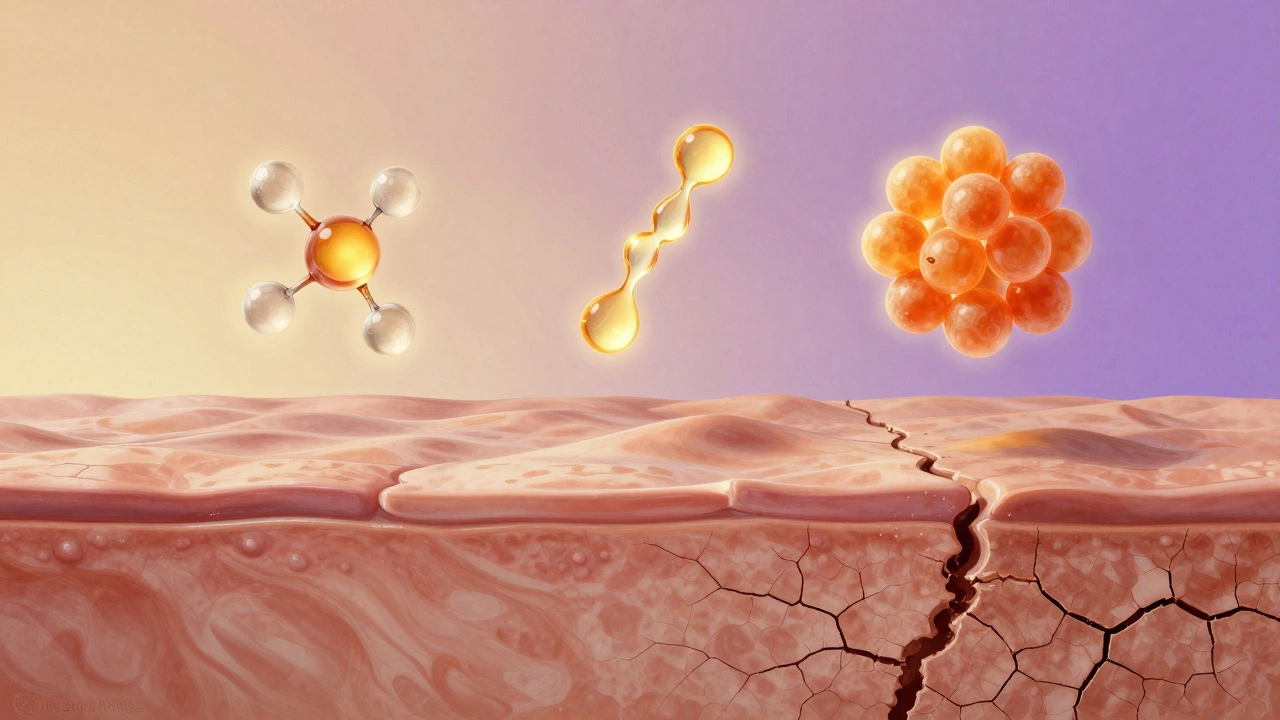 Концептуальное изображение кожи как ландшафта: здоровая текстура переходит в признаки увядания, над ней — активные ингредиенты в виде светящихся молекул.