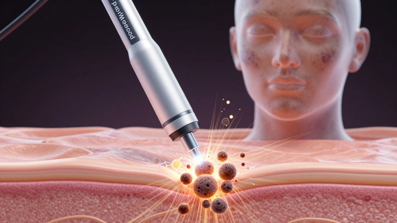 Концептуальное изображение пикосекундного лазера, разрушающего меланин в глубоких слоях кожи ударной волной.