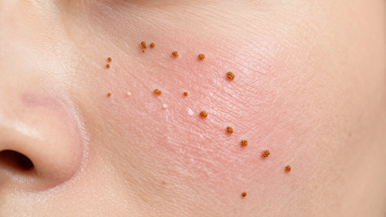 Крупный план шелушения кожи и отходящих микрокорочек при заживлении.