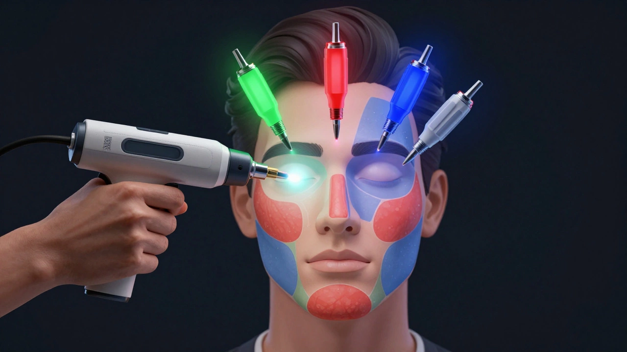 Лазерный инструмент с разными насадками, направляющий свет на зоны лица: щеки, нос и подбородок.
