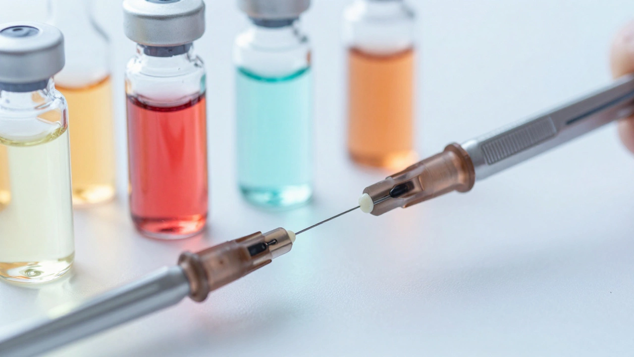 Макросъемка шприцев и стеклянных ампул с растворами для мезотерапии.