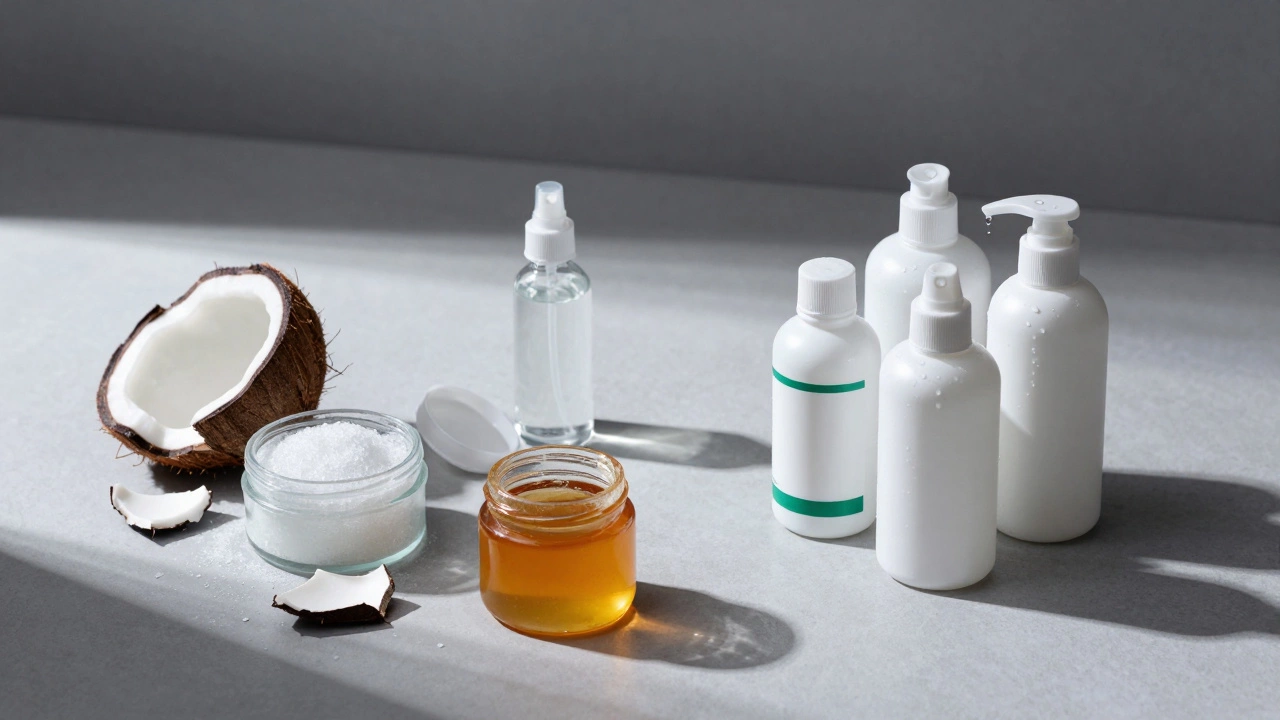 На столе разбросаны вредные средства для ухода, а рядом — три простых бутылочки с эффективными компонентами.