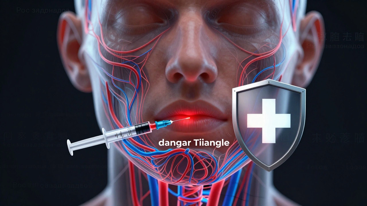 Прозрачное изображение лица с выделенными сосудами и нервами, опасная зона инъекции отмечена красным, символ медицинской безопасности и запрета на нелегальные процедуры.
