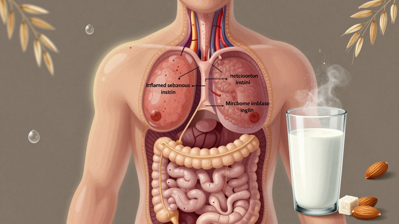 Прозрачное изображение тела, показывающее внутренние причины акне: гормоны, кишечник и питание, окруженное натуральными продуктами.