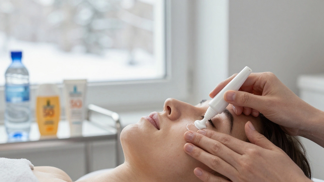 Рука наносит увлажняющий крем на кожу после лазера, на фоне зимнего света из окна.