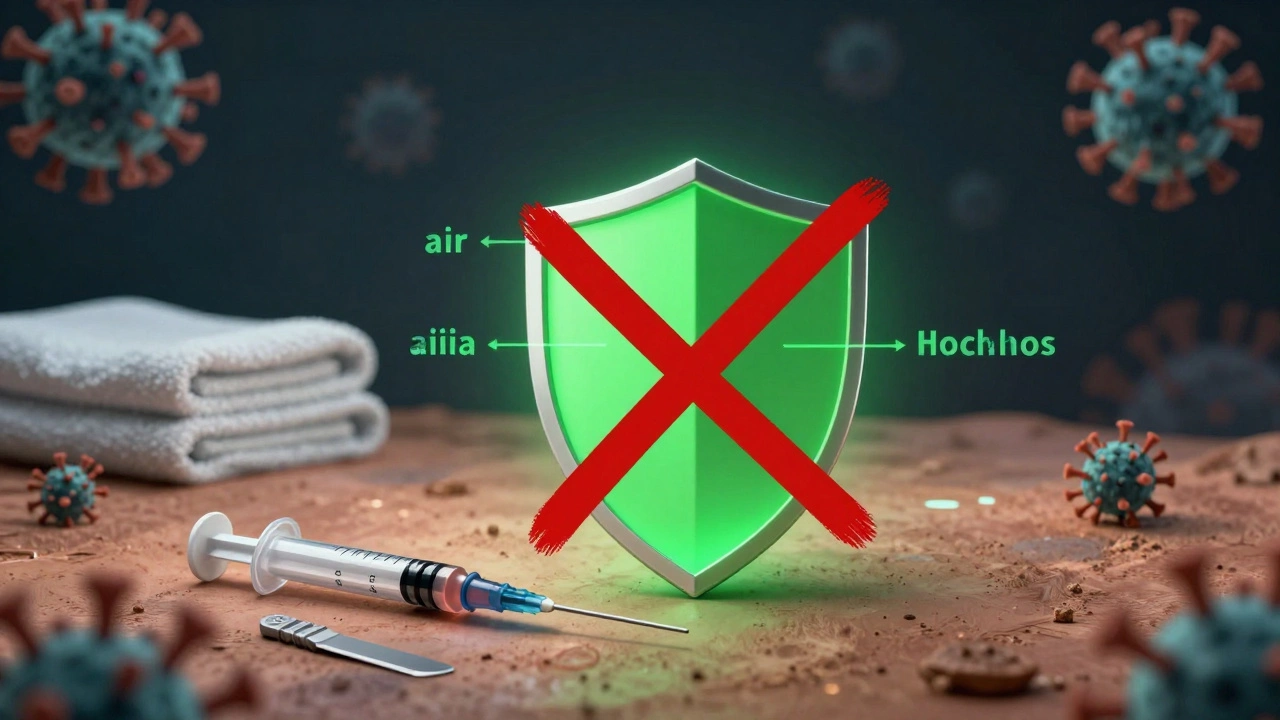 Символическое изображение путей передачи ВИЧ: вирус погибает на воздухе и поверхности, только кровь может быть источником заражения.