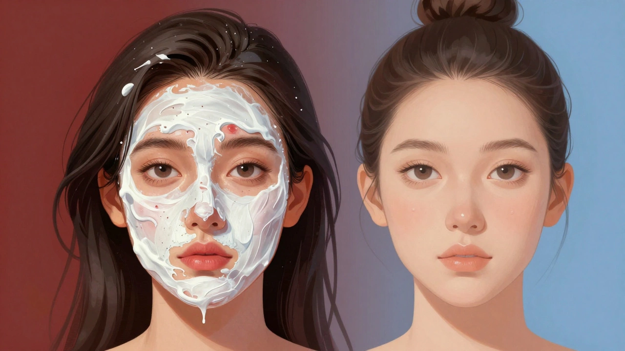 Сравнение лица с воспалениями от неправильного ухода и чистой кожи при правильном уходе.