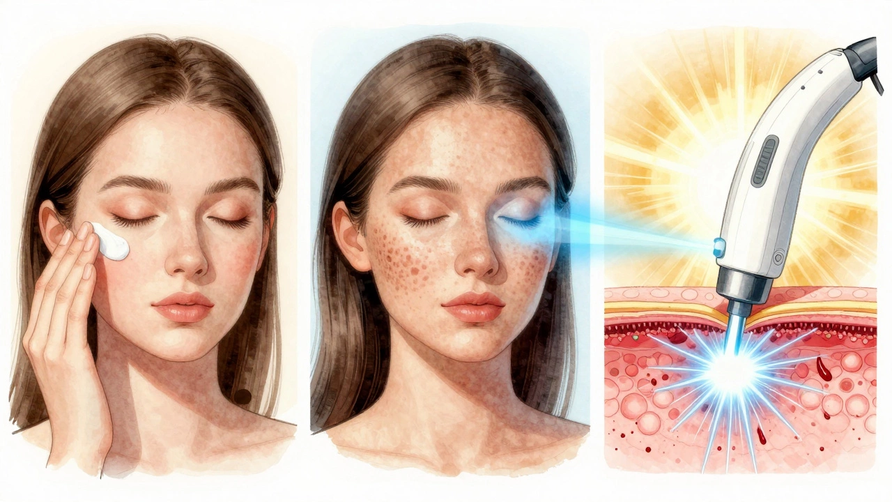 Сравнение трёх методов борьбы с пигментацией: крем, лазер Q-Switched и пикосекундный лазер с эффектом восстановления коллагена.