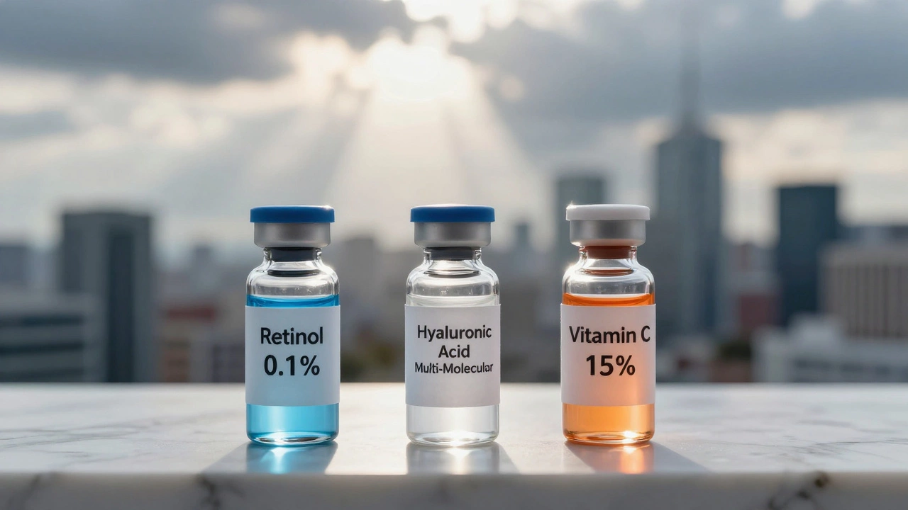 Три стеклянные флакона с активными ингредиентами антивозрастного ухода на мраморной поверхности под мягким светом.