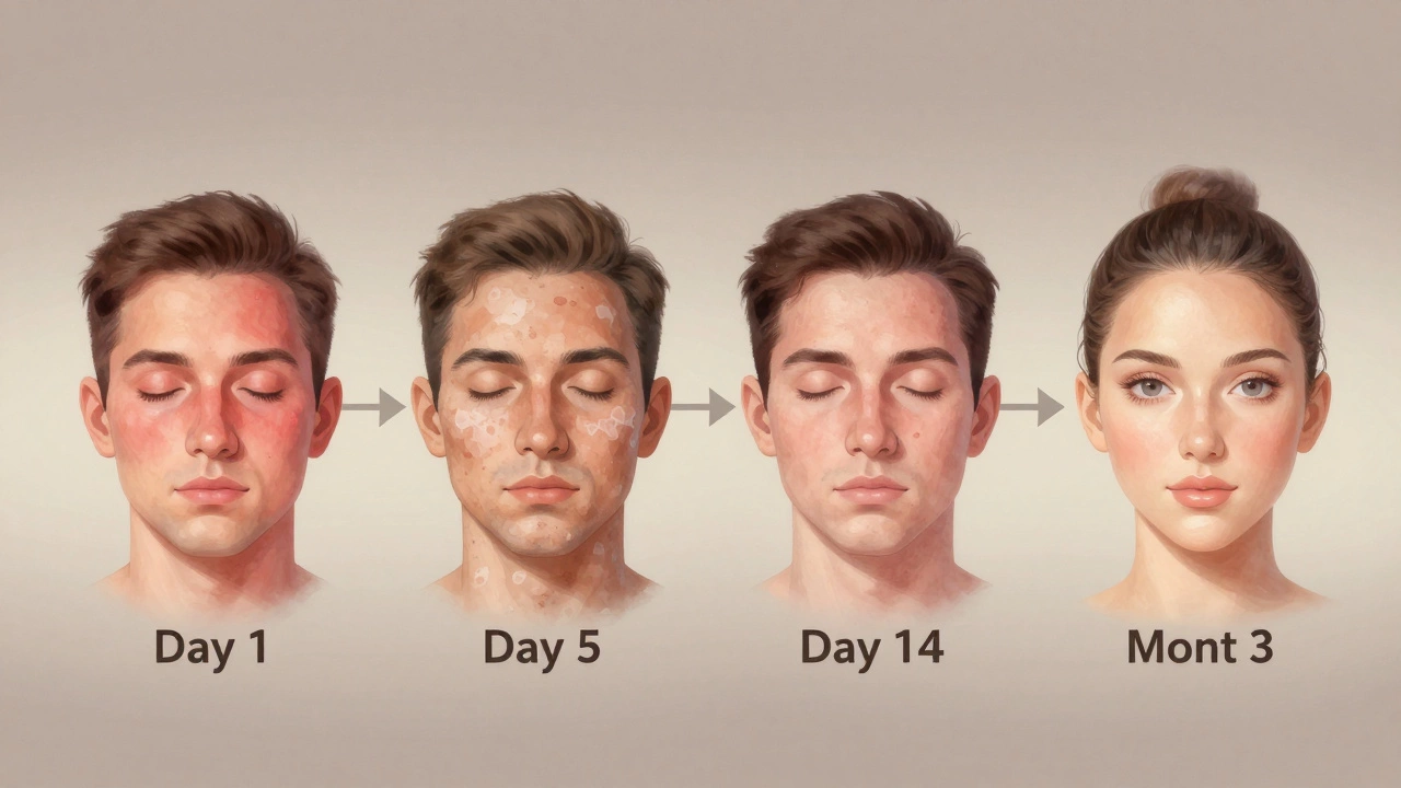 Визуальная хронология восстановления кожи после лазера: от отека до гладкой кожи через 3 месяца.