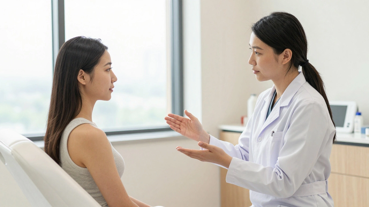 Врач-косметолог беседует с пациентом в светлой клинике.