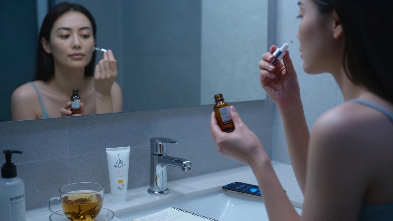 Женщина наносит сыворотку с пептидами ночью, в зеркале видно ее лицо, рядом — дневной крем с SPF и заметки о сне.