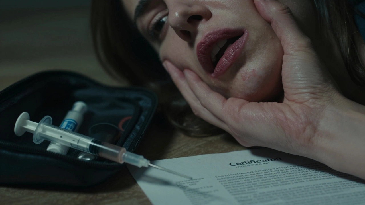 Женщина с признаками некроза губ, рядом разбросанные несертифицированные шприцы и документы, атмосфера паники и опасности.
