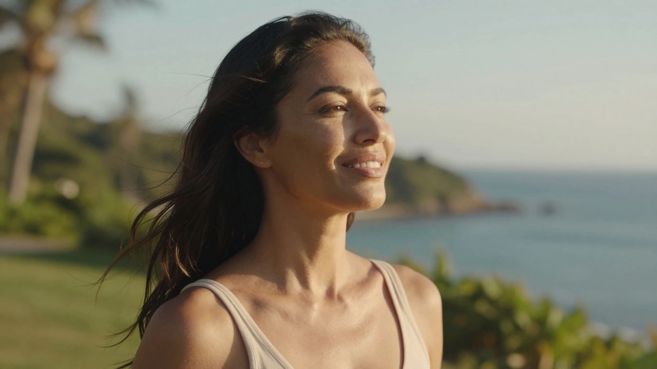 Женщина с здоровой кожей на природе в золотом часе.