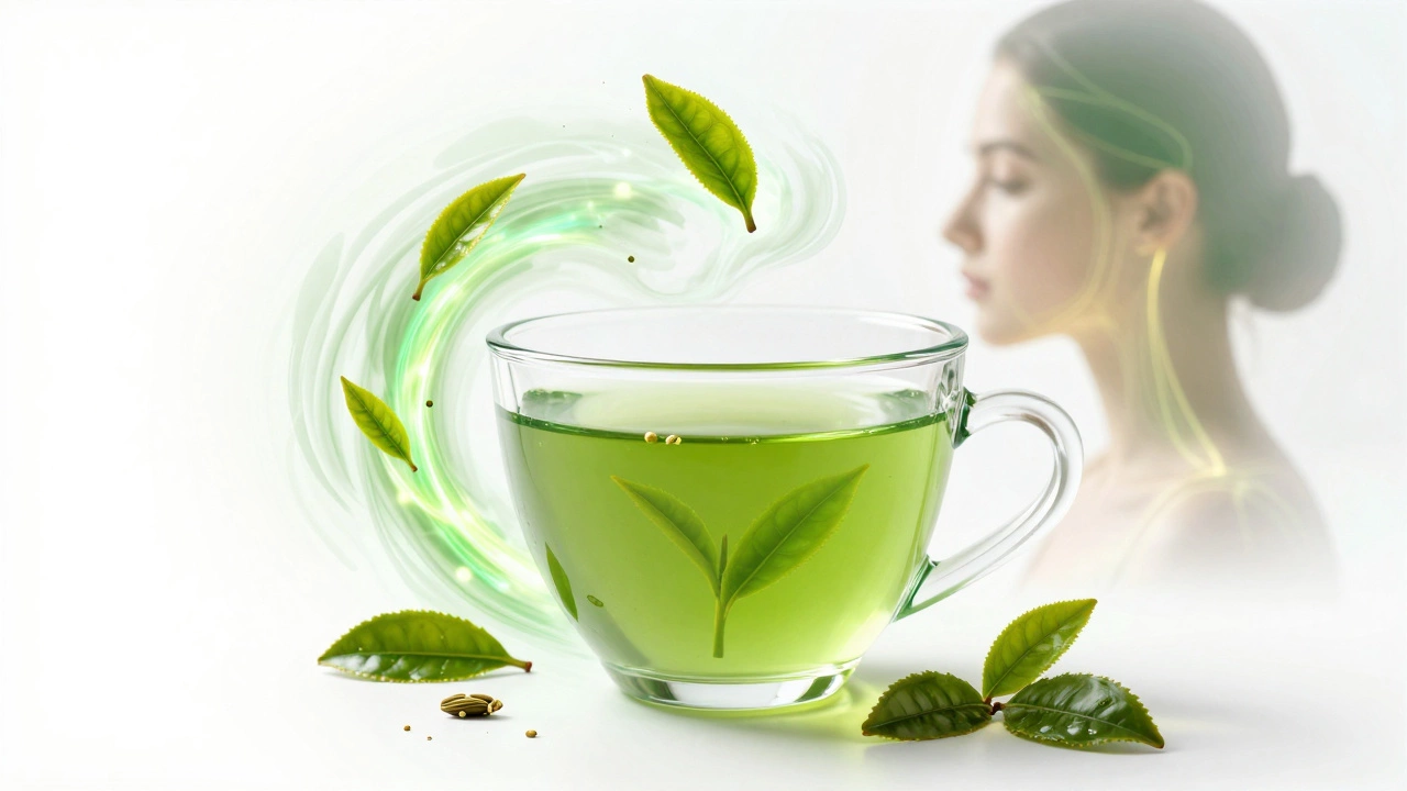 Чашка зеленого чая матча с эффектом сияния и ботаническими листьями
