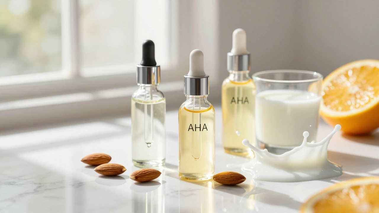 Флаконы с различными косметическими кислотами на мраморном фоне