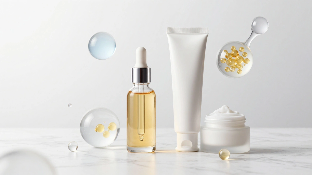 Косметические сыворотки с витамином С и ретинолом на мраморе