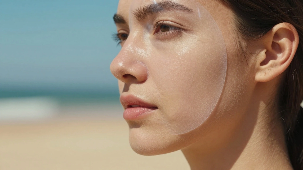 Лицо человека под воздействием солнечного света с эффектом защитного SPF-барьера