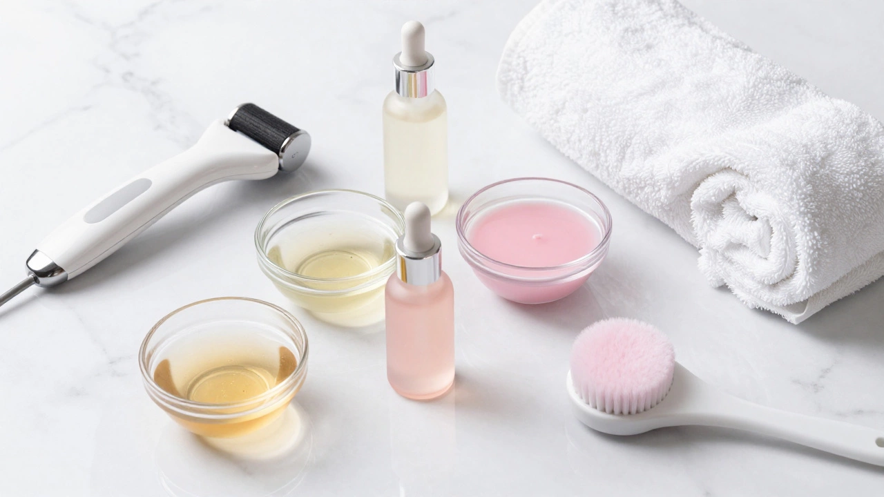 Набор инструментов для эстетической косметологии на мраморном столе