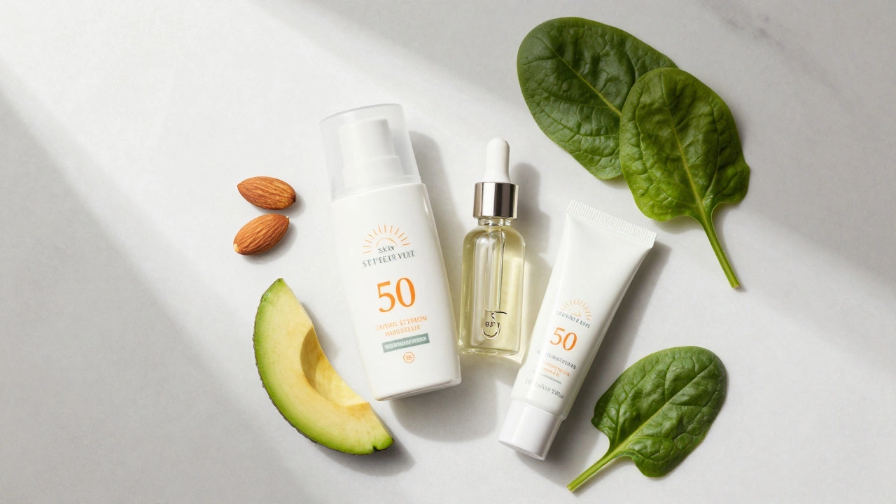 Набор косметики с SPF и ретинолом рядом с миндалем, авокадо и шпинатом на мраморе