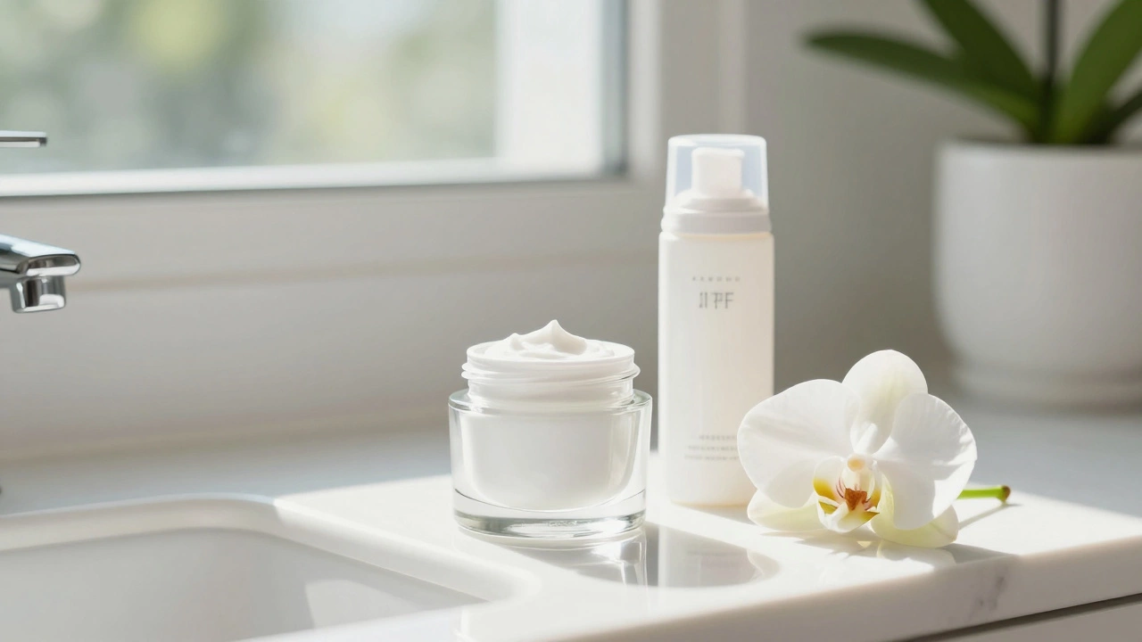 Набор уходовой косметики и SPF-защита на светлой ванной полке в утренних лучах солнца