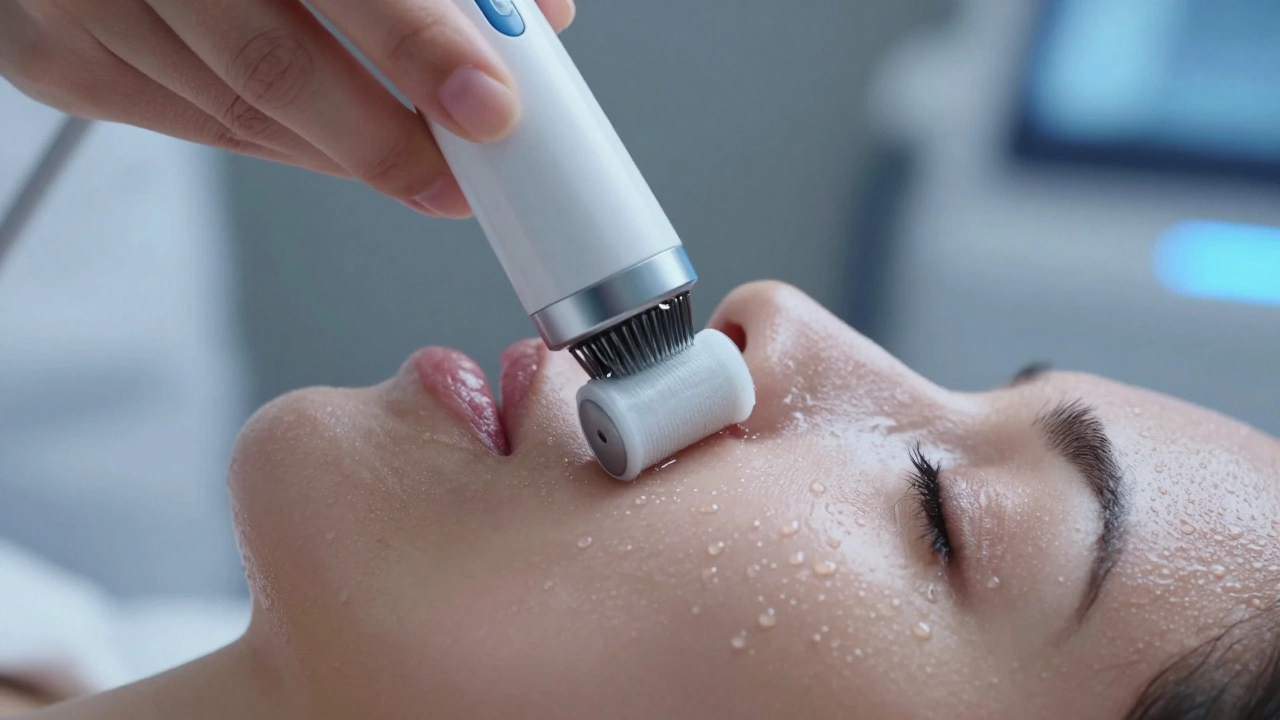 Процесс ультразвуковой чистки пор кожи с помощью специального скрабера