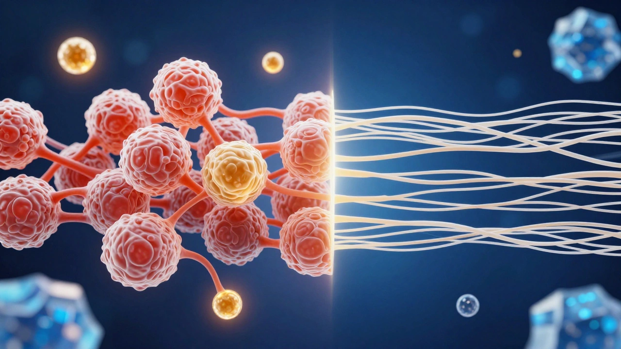 Схематичное изображение коллагеновых волокон и активных компонентов косметики