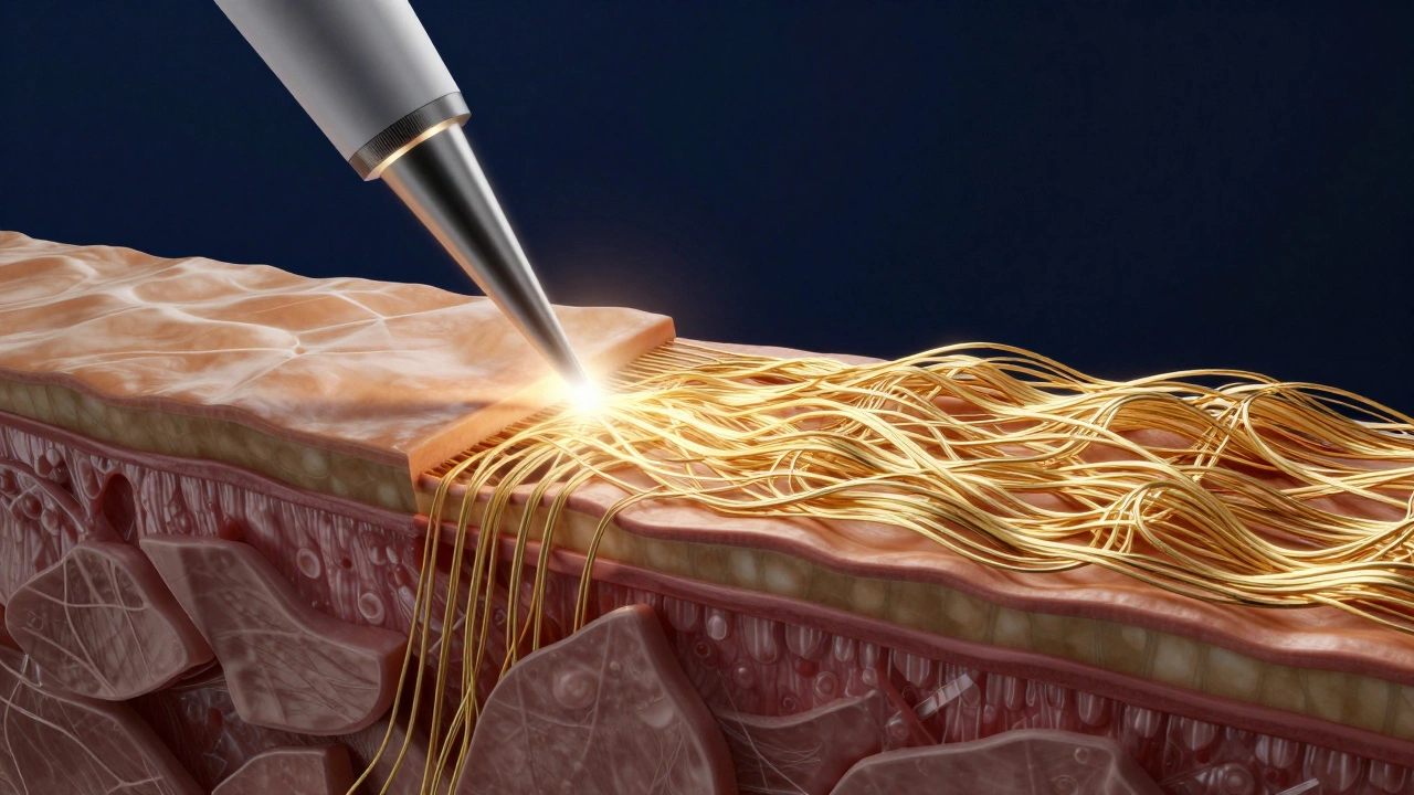 Схематичное изображение воздействия лазера на коллагеновые волокна кожи