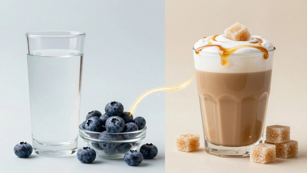 Сравнение чистой воды с ягодами и сладкого кофе с сахаром