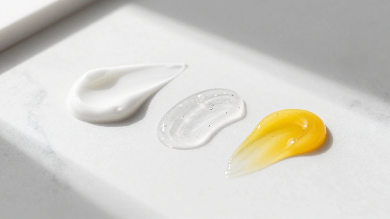 Три разные текстуры косметических средств: густой крем, прозрачный гель и желтая сыворотка
