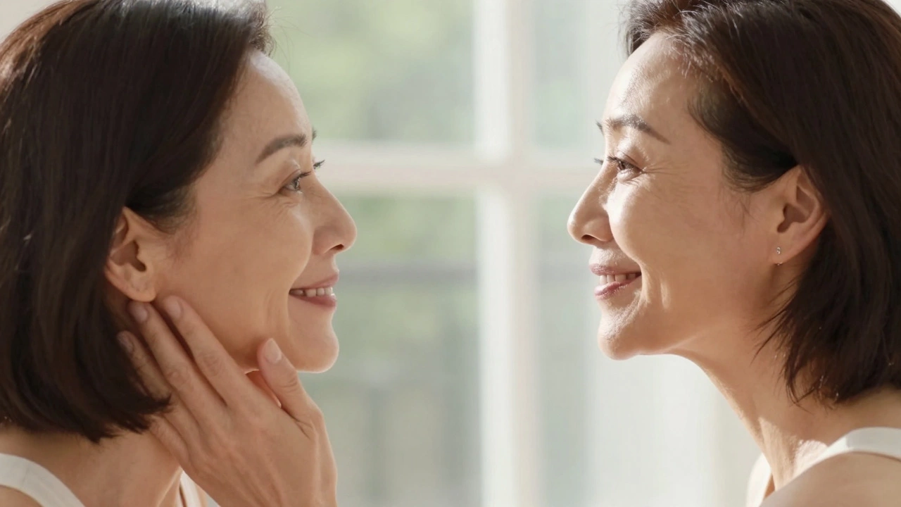 Уверенная женщина зрелого возраста с подтянутым овалом лица перед зеркалом