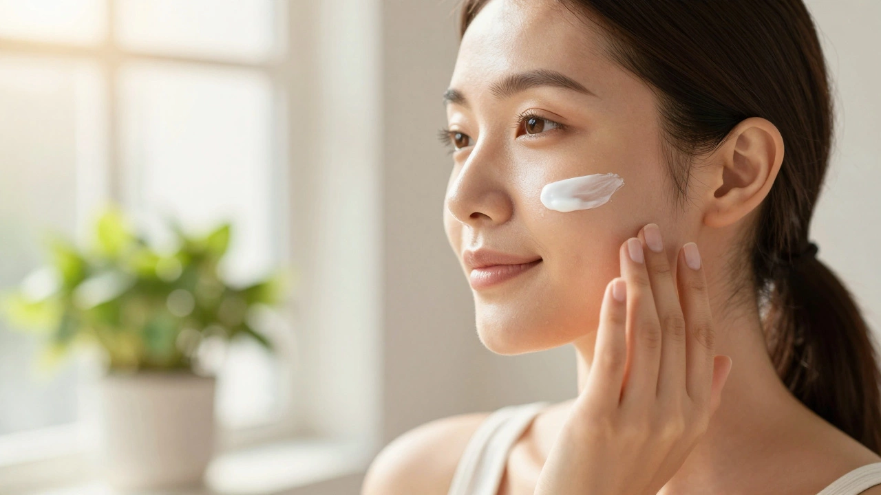 Женщина наносит солнцезащитный крем для защиты кожи от пигментации