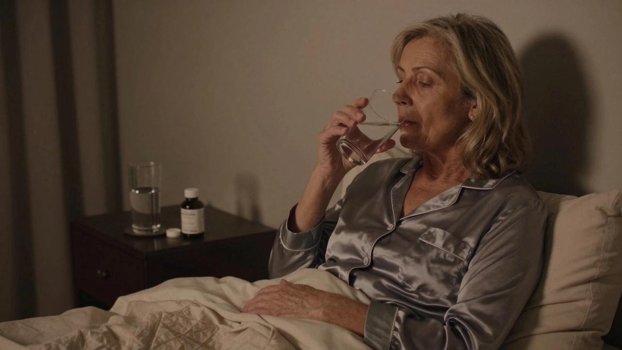 Женщина в шелковой пижаме пьет воду перед сном в уютной спальне